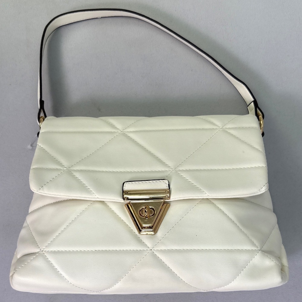 Adrienne Vittadini Off-White Quilted Vegan Leather Shoulder Bag Gold Turn-Lock